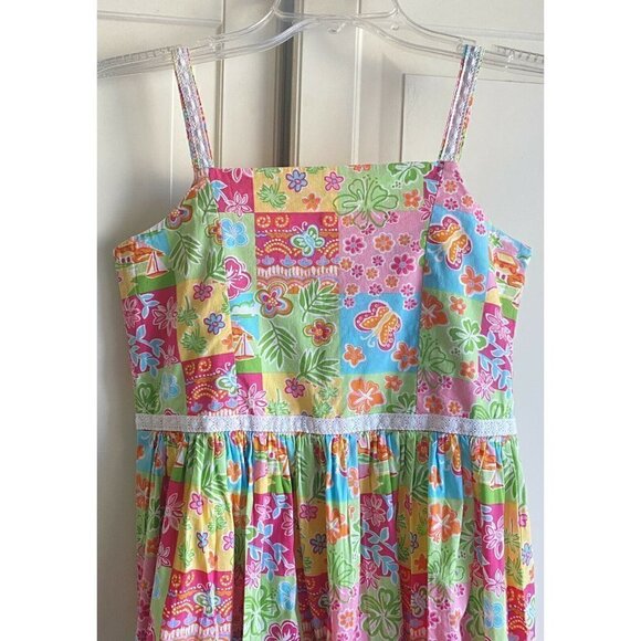 Hartstrings Girl’s Tropical Green Pink Blue Yellow Cotton Sundress Easter‎ Sz 10 - Picture 1 of 8